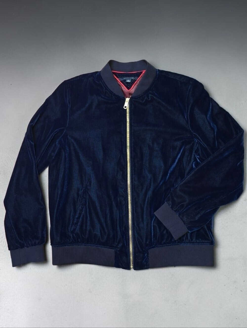 Tommy Hilfiger Midnight Blue Velvet Gold Zipper Mock Collar Bomber Jacket Sz LX